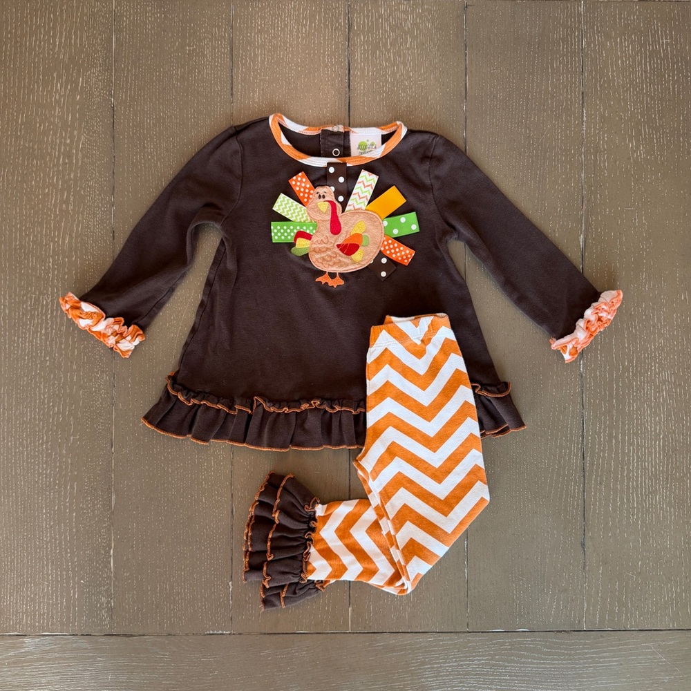 Decorated Originals Girlsโ 2-Piece Thanksgiving Turkey Appliquรฉ Outfit โข Size 6Y